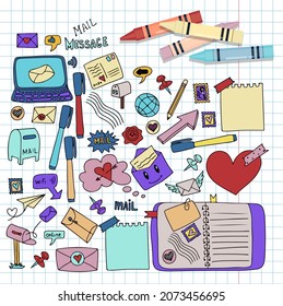 A set of vector mail doodles. Icons with paper envelopes, letters, email. A children s notebook in a cage with drawings of postal items. Hand-drawn elements for email
