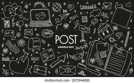 A set of vector mail doodles. Icons with paper envelopes, letters, email. A children s notebook in a cage with drawings of postal items. Hand-drawn elements for email