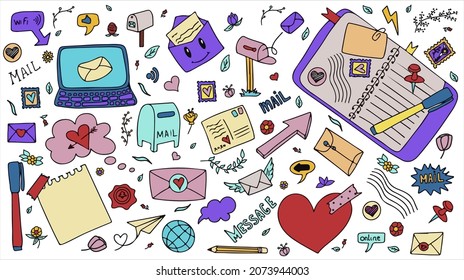 Un conjunto de garabatos vectoriales de correo. Iconos con sobres de papel, cartas, correo electrónico. Un cuaderno infantil en una jaula con dibujos de artículos postales. Elementos dibujados a mano para el correo electrónico