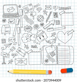 A set of vector mail doodles. Icons with paper envelopes, letters, email. A children s notebook in a cage with drawings of postal items. Hand-drawn elements for email