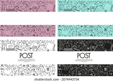 A set of vector mail doodles. Icons with paper envelopes, letters, email. A children s notebook in a cage with drawings of postal items. Hand-drawn elements for email