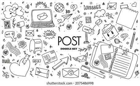 A set of vector mail doodles. Icons with paper envelopes, letters, email. A children s notebook in a cage with drawings of postal items. Hand-drawn elements for email