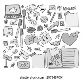 A set of vector mail doodles. Icons with paper envelopes, letters, email. A children s notebook in a cage with drawings of postal items. Hand-drawn elements for email