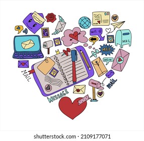 A set of vector mail doodles. Icons with paper envelopes, letters, email. A children s notebook in a cage with drawings of postal items. Hand-drawn elements for email