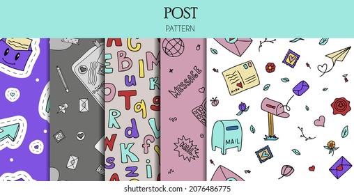 A set of vector mail doodles Seamless Patterns. Icons with paper envelopes, letters, email. A children s notebook in a cage with drawings of postal items. Hand-drawn elements for email