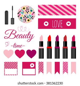 Set of vector make up tools.Vector illustration with nail polish,lipstick,mascara.Vector printable boxes,half boxes, in flat colors for party decor.