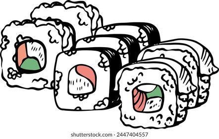 Set von Vektorgrafik Maki Sushi Roll Hand gezeichnete Doodle Stil Seitenansicht isoliert auf weißem Hintergrund