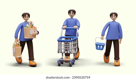 Set of vector male characters, concept of process of buying in shop. 3D man with empty shopping basket, trolley, paper bags. Shopping in grocery store