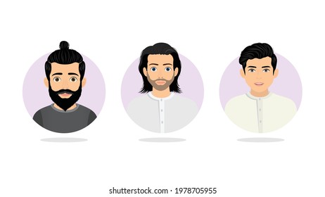 set of vector man face, man head avatar front side view, Man face - flat design - vector illustration