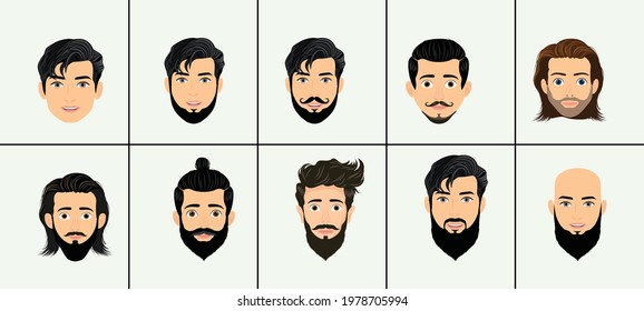 set of vector man face, man head avatar front side view, Man face - flat design - vector illustration