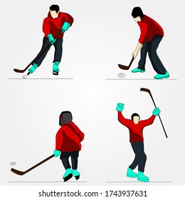Set of vector man playing ice hockey on white background - Digital illustration without reference