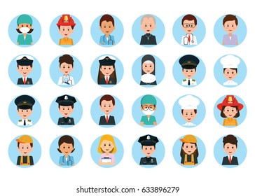 Set of vector man and woman portraits, People professions and occupations icon set in flat design, cartoon character vector illustration.