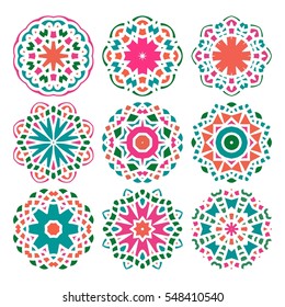 Set of vector mandala ornaments. Islam, Arabic, Indian, ottoman motifs. Vintage decorative elements. Kit of nine colorful pattern for registration of your business, invitations, booklets. Kaleidoscope