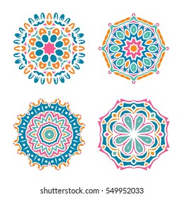 Set of vector mandala ornaments. Islam, Arabic, Indian, ottoman motifs. Vintage decorative elements. Kit of nine colorful pattern for registration of your business, invitations, booklets. Kaleidoscope