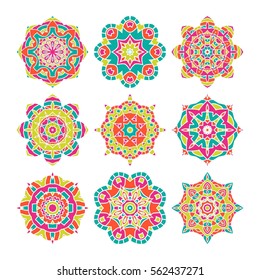 Set of vector mandala ornaments. Islam, Arabic, Indian, ottoman motifs. Vintage decorative elements. Kit of nine colorful pattern for registration of your business, invitations, booklets. Kaleidoscope