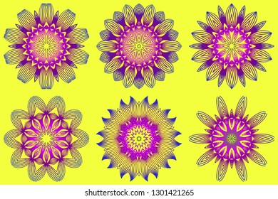 Set of Vector With Mandala Pattern. Repeating Sample Figure And Line. Modern Decorative Floral Color Mandala. Yellow purple color.