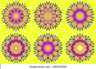 Set of Vector With Mandala Pattern. Repeating Sample Figure And Line. Modern Decorative Floral Color Mandala. Yellow purple color.