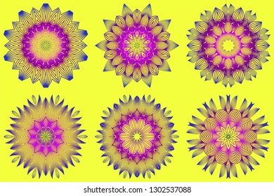 Set of Vector With Mandala Pattern. Repeating Sample Figure And Line. Modern Decorative Floral Color Mandala. Yellow purple color.