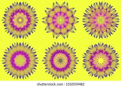 Set of Vector With Mandala Pattern. Repeating Sample Figure And Line. Modern Decorative Floral Color Mandala. Yellow purple color.