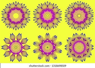 Set of Vector With Mandala Pattern. Repeating Sample Figure And Line. Modern Decorative Floral Color Mandala. Yellow purple color.