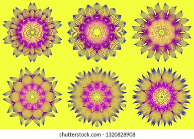Set of Vector With Mandala Pattern. Repeating Sample Figure And Line. Modern Decorative Floral Color Mandala. Yellow purple color.