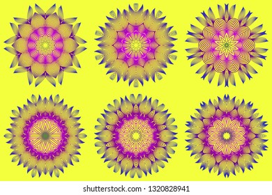 Set of Vector With Mandala Pattern. Repeating Sample Figure And Line. Modern Decorative Floral Color Mandala. Yellow purple color.