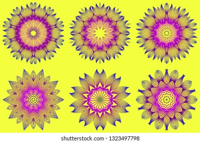 Set of Vector With Mandala Pattern. Repeating Sample Figure And Line. Modern Decorative Floral Color Mandala. Yellow purple color.