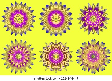 Set of Vector With Mandala Pattern. Repeating Sample Figure And Line. Modern Decorative Floral Color Mandala. Yellow purple color.