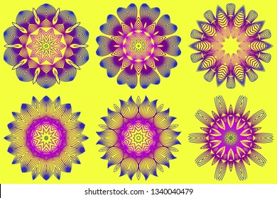 Set of Vector With Mandala Pattern. Repeating Sample Figure And Line. Modern Decorative Floral Color Mandala. Yellow purple color.