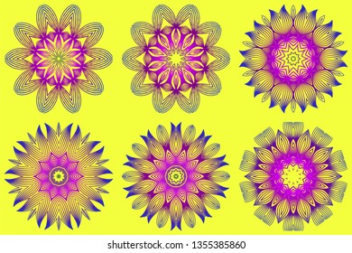 Set of Vector With Mandala Pattern. Repeating Sample Figure And Line. Modern Decorative Floral Color Mandala. Yellow purple color.