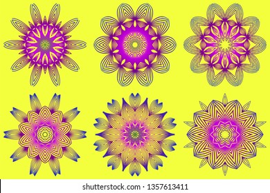 Set of Vector With Mandala Pattern. Repeating Sample Figure And Line. Modern Decorative Floral Color Mandala. Yellow purple color.