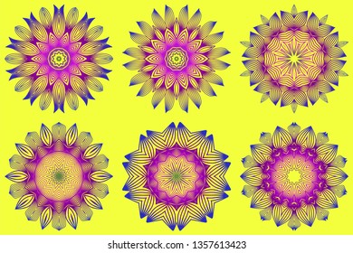 Set of Vector With Mandala Pattern. Repeating Sample Figure And Line. Modern Decorative Floral Color Mandala. Yellow purple color.