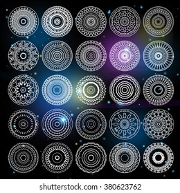 set of vector mandalas, sacred geometry collection, round ethnic ornaments on a starry sky background