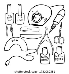 Set of vector manicure hand drawn doodle sketch on a white background separately tools forceps brushes ultraviolet lamp, milling cutter for manicure, nail buffs.

