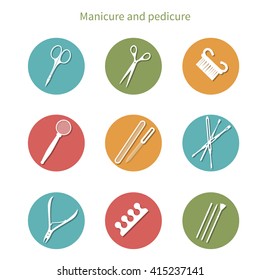 Set of vector manicure and pedicure icons on colorful round buttons.
