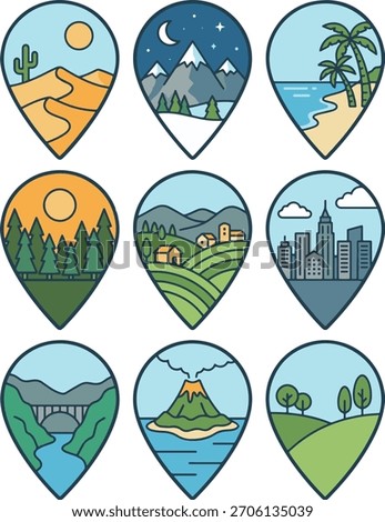 Set of vector map location pins featuring diverse nature landscapes. Flat outline icons of mountain, beach, city, desert, forest, and volcano for travel, tourism apps, and GPS navigation design.