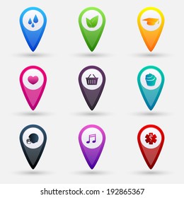 Set of vector map pointers with icons isolated on white background