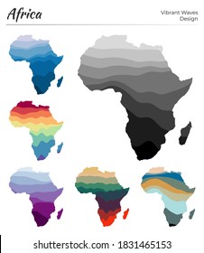 Conjunto de mapas vectoriales de África. Diseño vibrante de olas. Mapa luminoso del continente en el estilo geométrico de curvas lisas. Mapa África multicolor para tu diseño. Increíble ilustración vectorial.