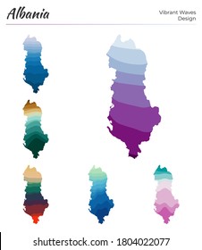 Set of vector maps of Albania. Vibrant waves design. Bright map of country in geometric smooth curves style. Multicolored Albania map for your design. Captivating vector illustration.