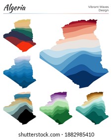 Set of vector maps of Algeria. Vibrant waves design. Bright map of country in geometric smooth curves style. Multicolored Algeria map for your design. Awesome vector illustration.