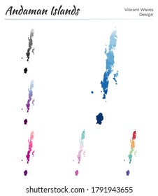 Set of vector maps of Andaman Islands. Vibrant waves design. Bright map of island in geometric smooth curves style. Multicolored Andaman Islands map for your design. Charming vector illustration.