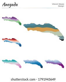 Set of vector maps of Anegada. Vibrant waves design. Bright map of island in geometric smooth curves style. Multicolored Anegada map for your design. Classy vector illustration.