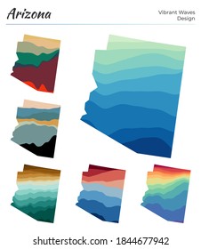 Set of vector maps of Arizona. Vibrant waves design. Bright map of US state in geometric smooth curves style. Multicolored Arizona map for your design. Classy vector illustration.