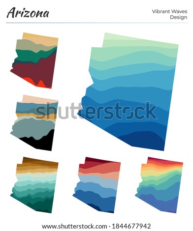 Set of vector maps of Arizona. Vibrant waves design. Bright map of US state in geometric smooth curves style. Multicolored Arizona map for your design. Classy vector illustration.