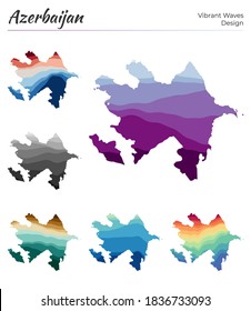 Conjunto de mapas vectoriales de Azerbaiyán. Diseño vibrante de olas. Mapa luminoso del país en el estilo geométrico de curvas lisas. Mapa de Azerbaiyán multicolor para tu diseño. Potente ilustración vectorial.