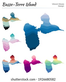Set von Vektorkarten von Basse-Terre Island. Lebhaftes Wellendesign. Helle Mapin geometrische glatte Kurven Stil. Multicfarbene Basse-Terre Island Karte für Ihr Design. Moderne Vektorgrafik.