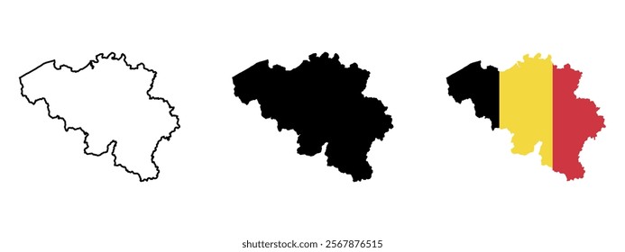 Set of vector maps of Belgium. Mercator projection. Filled and outline.
