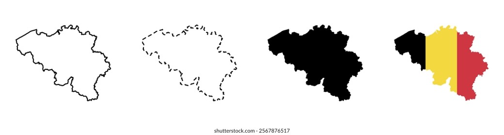 Set of vector maps of Belgium. Mercator projection. Filled and outline.
