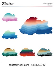 Set of vector maps of Bhutan. Vibrant waves design. Bright map of country in geometric smooth curves style. Multicolored Bhutan map for your design. Captivating vector illustration.