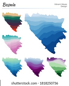 Set of vector maps of Bosnia. Vibrant waves design. Bright map of country in geometric smooth curves style. Multicolored Bosnia map for your design. Artistic vector illustration.